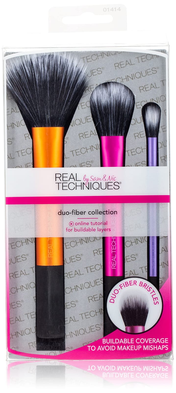 The product shown is the Real Techniques Duo-Fiber Collection, a limited-edition set of three makeup brushes designed for building coverage and achieving a high-definition finish.
