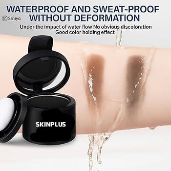 The product shown is a Skinplus Hairline Decoration Shadow Powder designed to conceal thinning hair and grey roots.